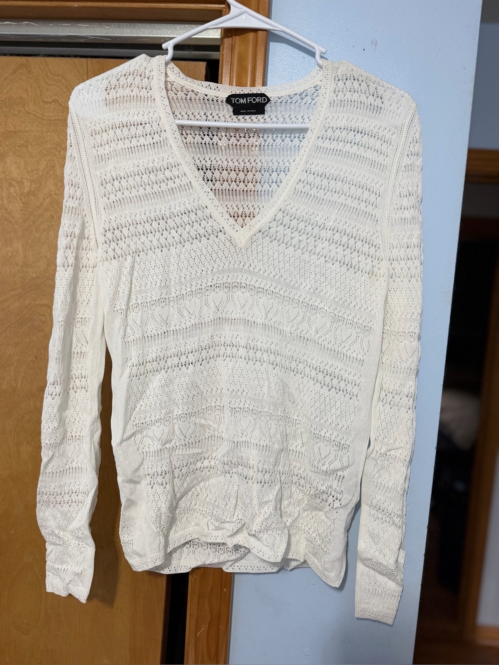 Tom Ford Women's Cream Open-Knit V-Neck Sweater